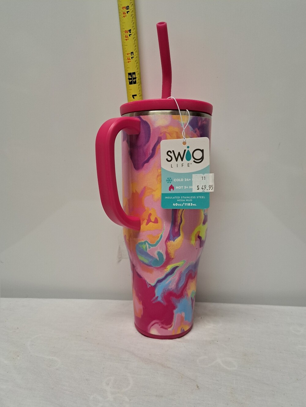 Swig Life Pink Marble Insulated 40oz Tumbler with Handle and Straw